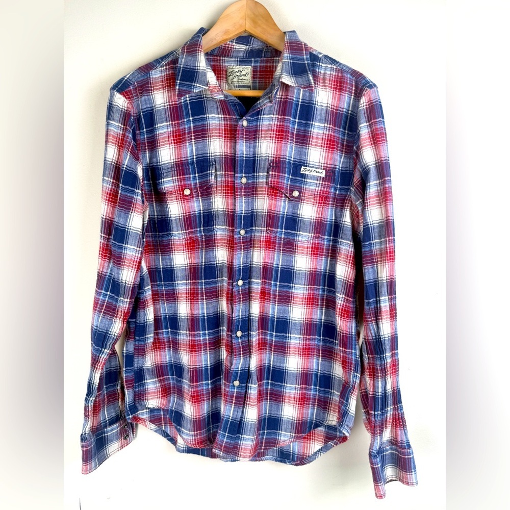 Lucky Brand Pearl Snap‎ Shirt Men's Medium Blue Red Plaid Western Classic Fit